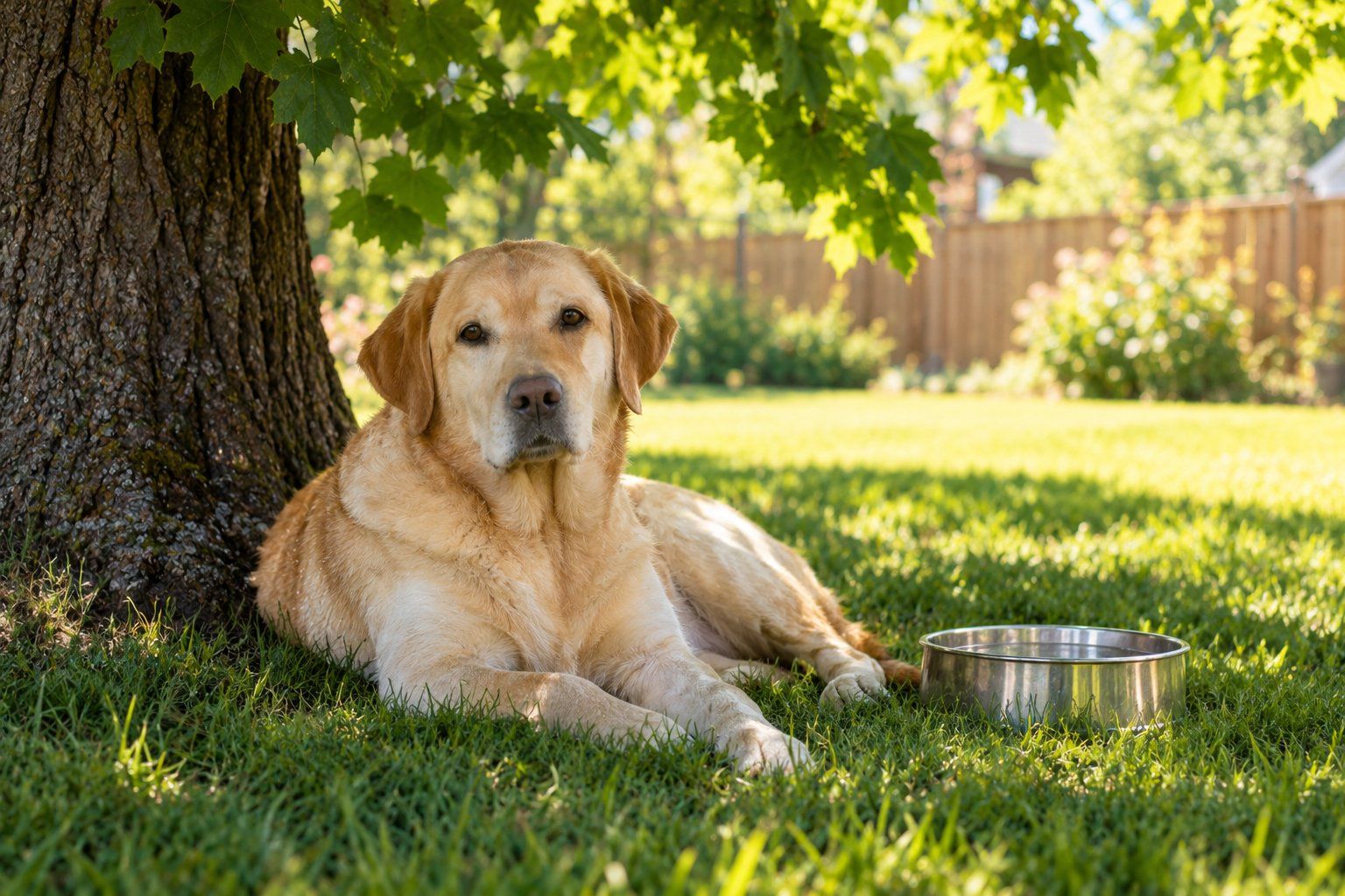 A dog resting in the shade on a hot day