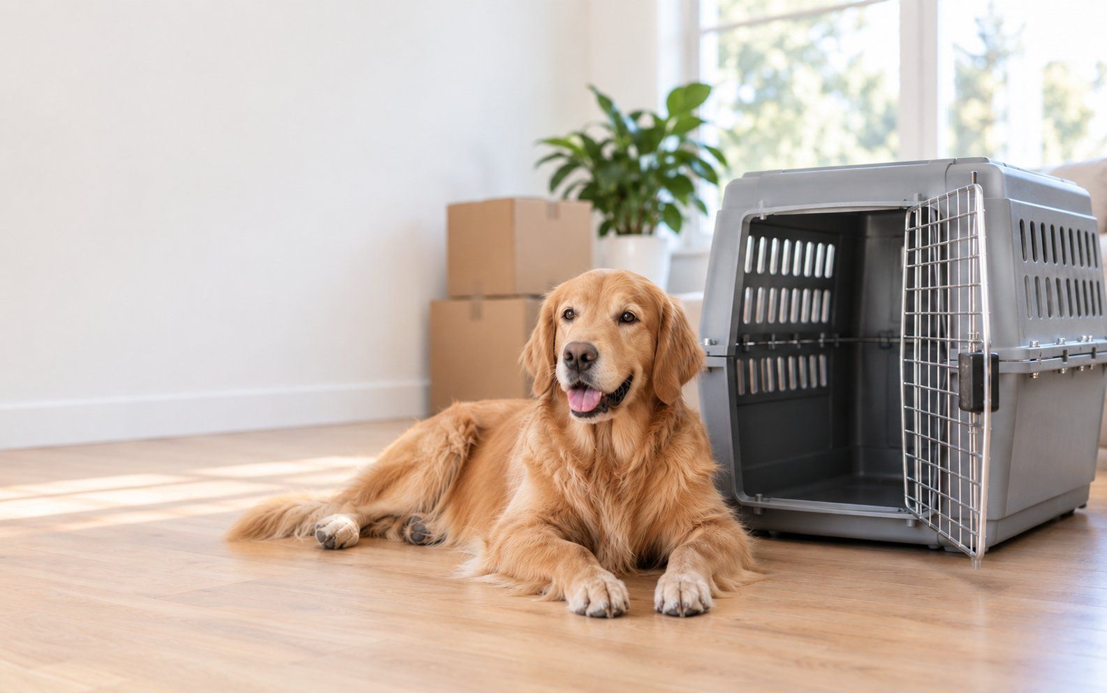 A calm dog sitting beside a hard plastic airline crate