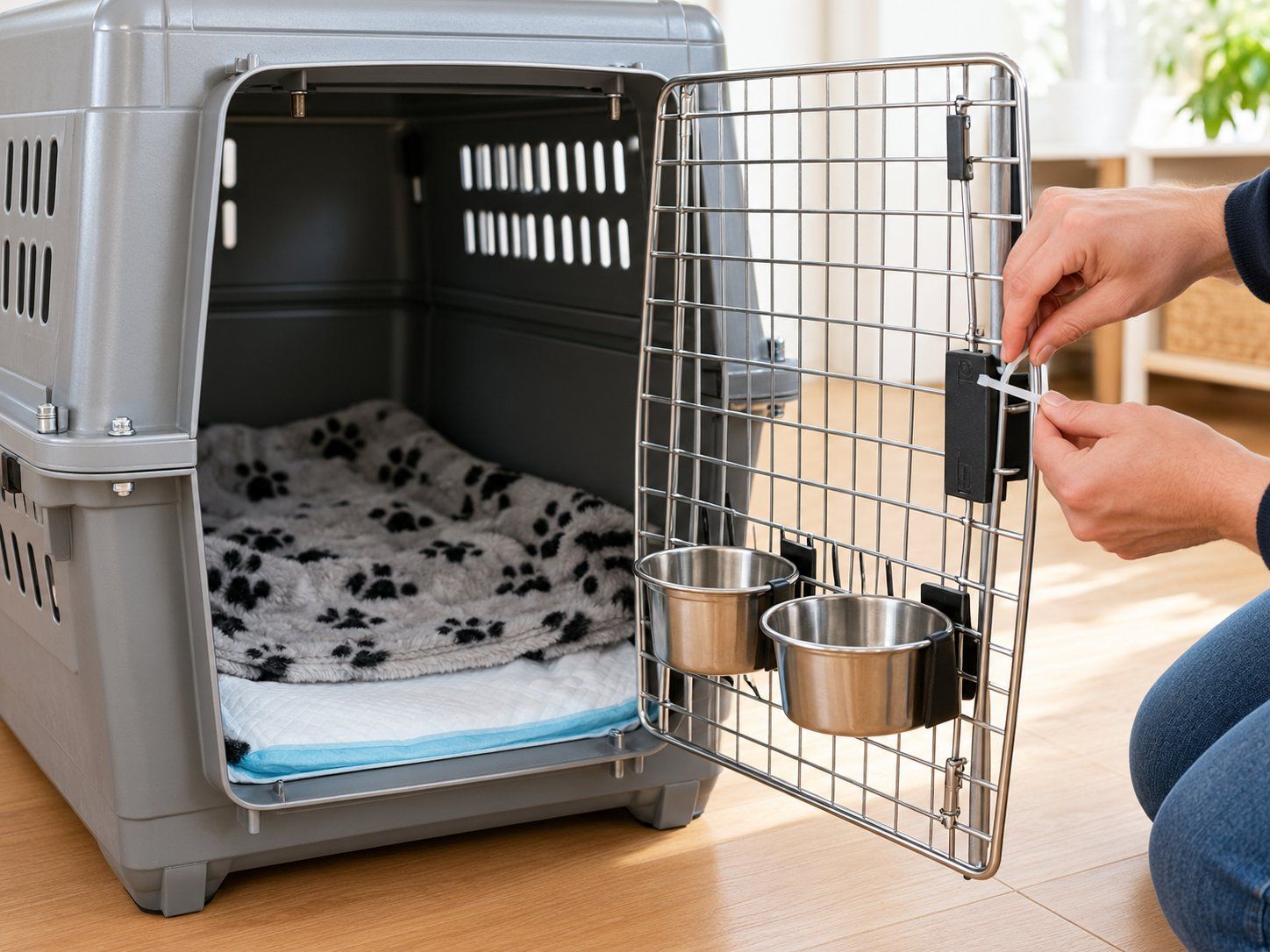 An airline crate with bedding and a water dish being prepared